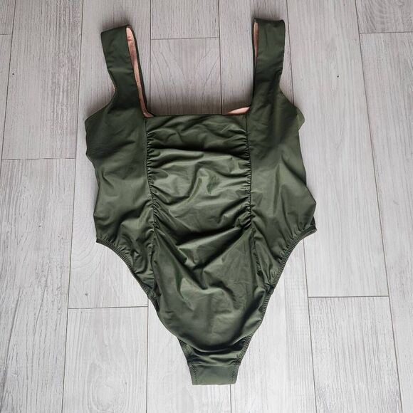 J Crew Swimsuit Womens 22 Plus One Piece Ruched Squareneck Green New BF179 - Picture 2 of 5